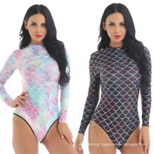 One Piece Long Sleeve Mermaid Scale Print Sun Protection Swimsuit